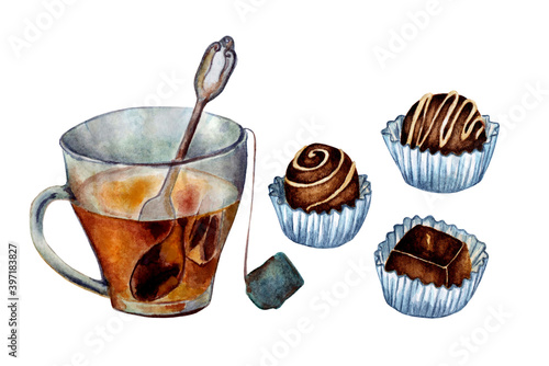 Watercolor illusion of a transparent tea cup with a bag in it and chocolates on a backing. A glass of tea and candy. Isolated on white background. Drawn by hand.