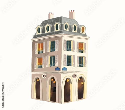 Photos one European building with french windows and shop windows on the ground floor -