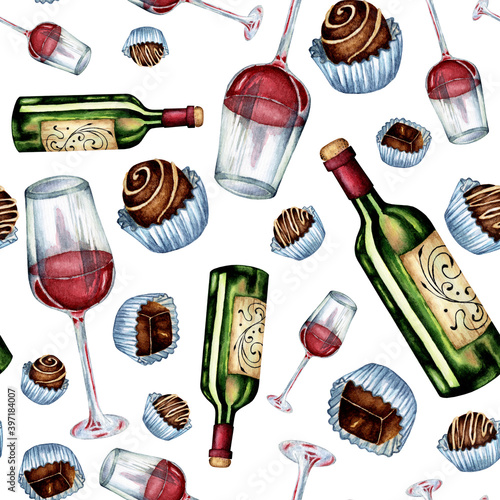 Watercolor seamless pattern of wine and sweets. A repeating illustration of a bottle of wine, a glass of red wine and chocolates on a substrate. Isolated on white background. Drawn by hand.