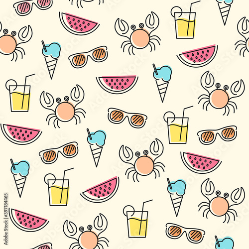 Funny summer seamless pattern with crab, sunglasses, ice cream, watermelon and lemonade.Vector holiday stylized background, Illustration design