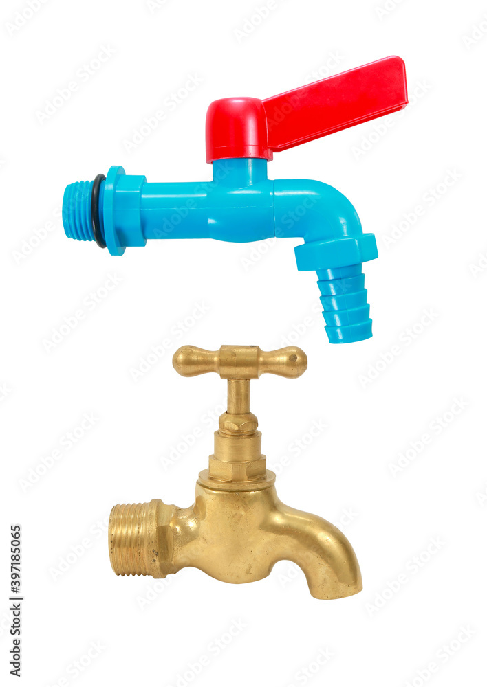 PVC faucet and brass faucet two style isolated on white background with clipping path included.