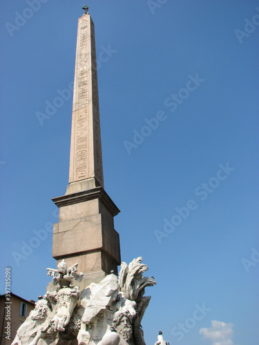 Rome, Italy - Macuteo obelisk, sitting atop  Fontana del Pantheon (Fountain of the Pantheon in English), located in the Piazza della Rotonda in front of the Roman Pantheon.