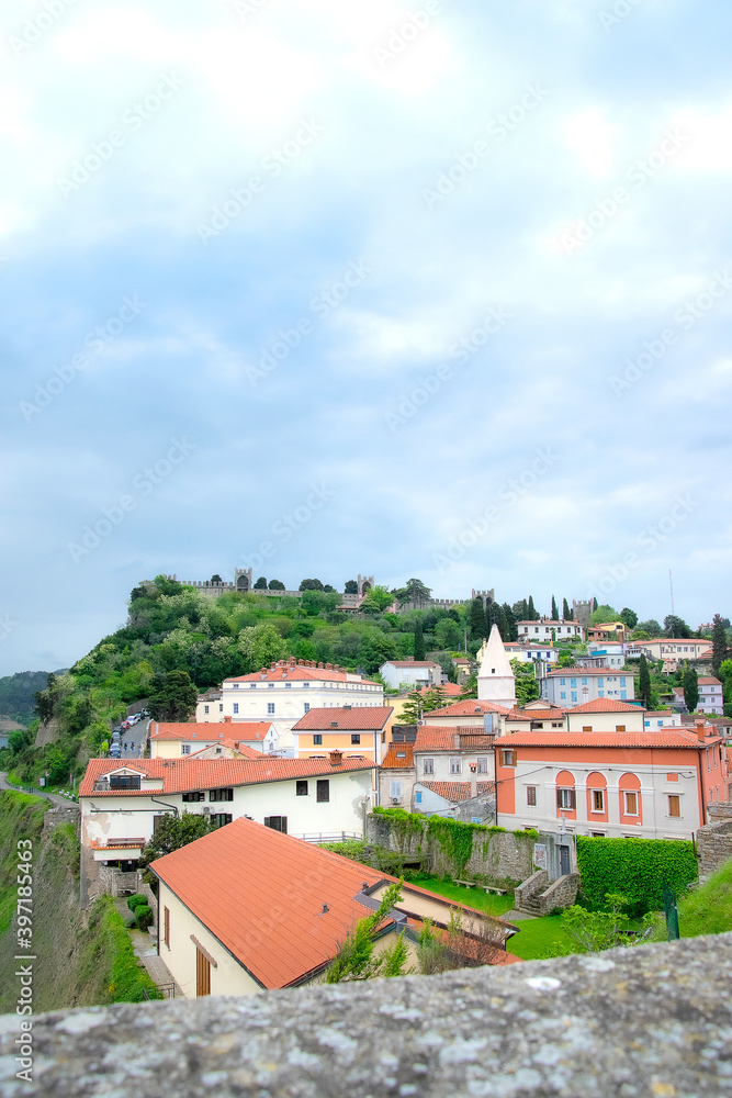 Panorama of the city. The city of Piran in Slovenia by the Adriatic Sea. View of the coast. 