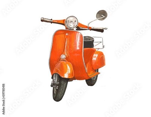 vintage red scooter on white background - hand drawn realistic illustration