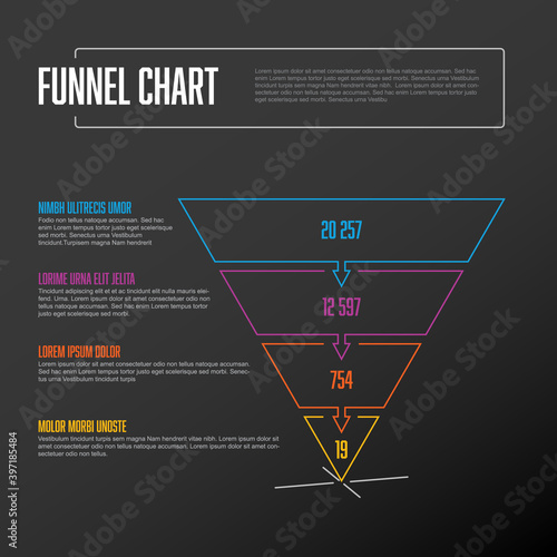 Vector thin line infographic funnel level layers template dark version