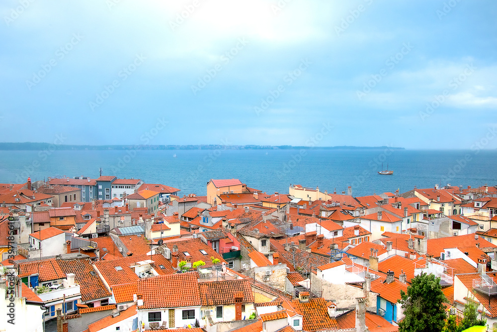 Panorama of the city. The city of Piran in Slovenia by the Adriatic Sea. View of the coast. 