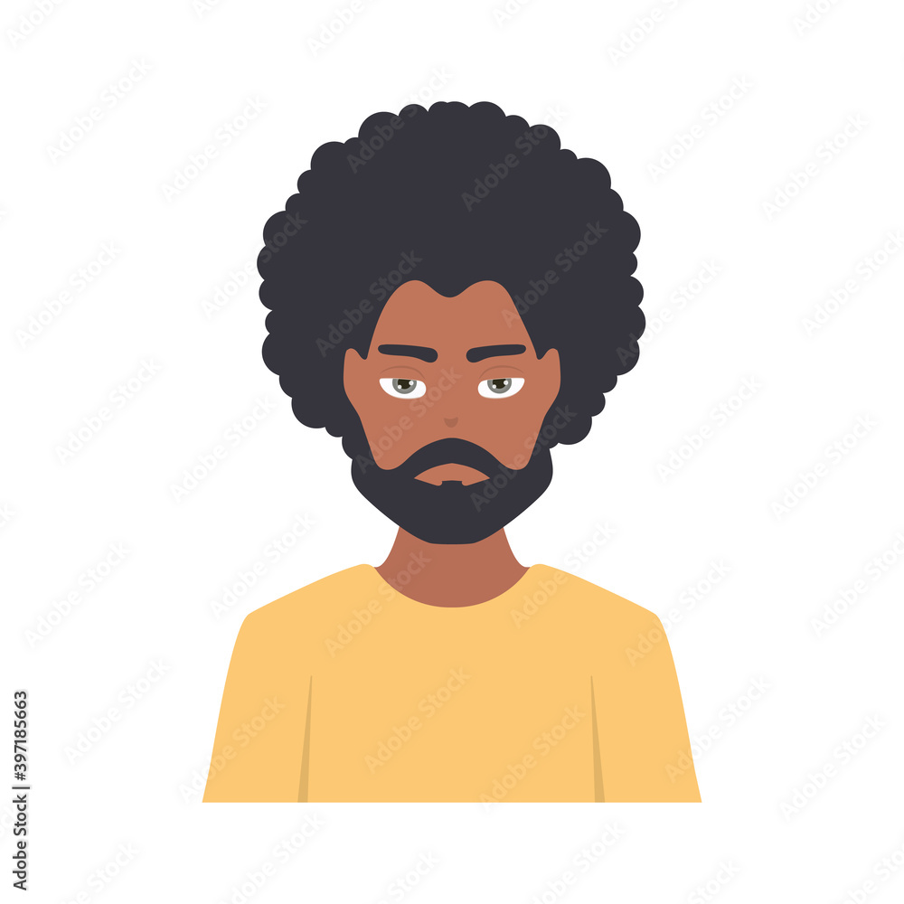 Young afro man avatar character. Male face portrait cartoon person vector illustration. Young afro man avatar character. Male face portrait cartoon person vector illustration.