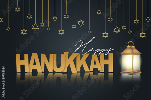 Happy Hanukkah. Traditional Jewish holiday. Chankkah banner background design concept. Judaic religion decor with garland, David star, lantern, and golden lettering. Vector illustration. photo