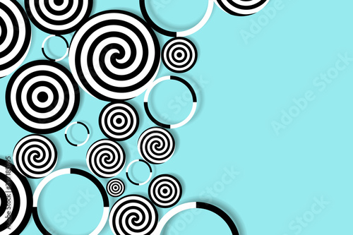 Stylish abstract black-and-white different circles on turquoise fond background