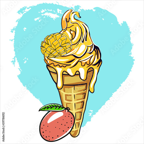 yellow ice cream with waffle cone and mango aroma. Dessert is decorated with a slice of mango. Cartoon illustration ice cream icon for web design