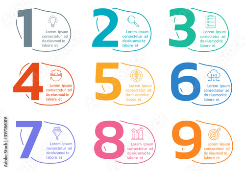 Number infographic design with abstract shapes, fluid geometric elements. Timeline, steps or option info graphic with business icons. Flow chart, layout, workflow template. Vector illustration.