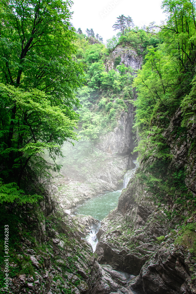 Viewpoint in the cave. Beautiful waterfall and the Reka River. Skocjan Caves in Slovenia. Viewpoint in the cave. Beautiful waterfall and the Reka River. Skocjan Caves in Slovenia.