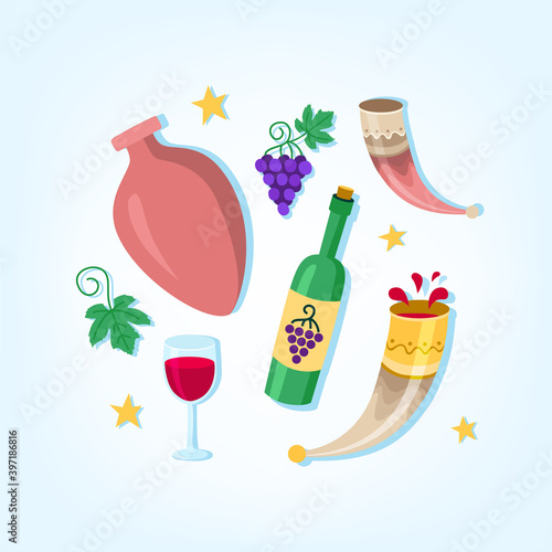 Georgian winemaking set. Vector illustration for liquor store and bar. Concept or tourism in the wineries of the Alazani Valley.