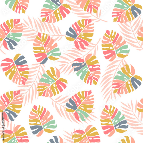 Green Tropical Summer Seamless Pattern with Exotic Palm Plants and Leaves. Vector Floral Illustration. Jungle Background