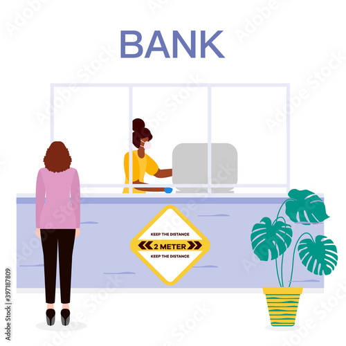 Social distancing People Bank New normal Distance