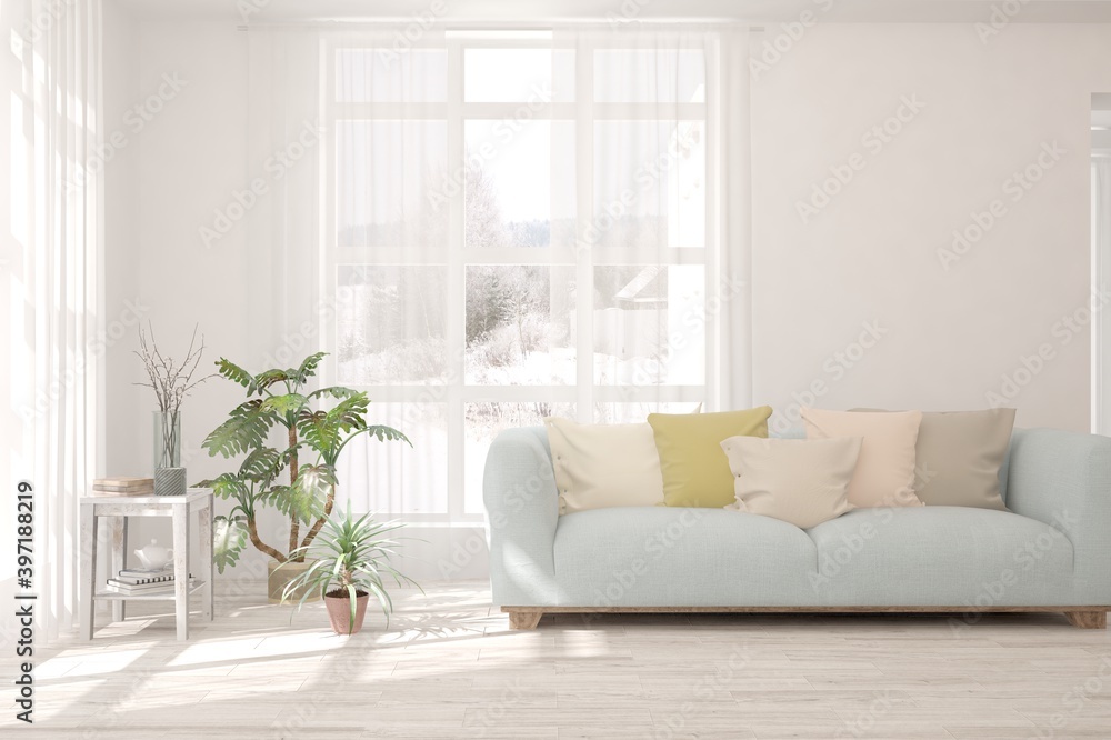 White living room with sofa and winter landscape in window. Scandinavian interior design. 3D illustration White living room with sofa and winter landscape in window. Scandinavian interior design. 3D illustration