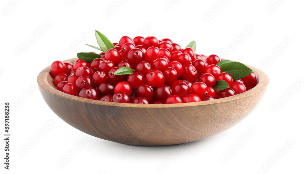 Fresh ripe cranberries with leaves in bowl isolated on white Fresh ripe cranberries with leaves in bowl isolated on white