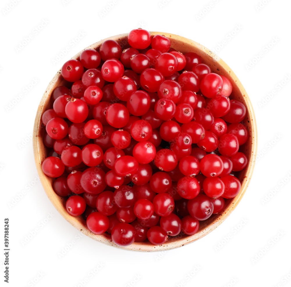 Fresh ripe cranberries in bowl isolated on white, top view