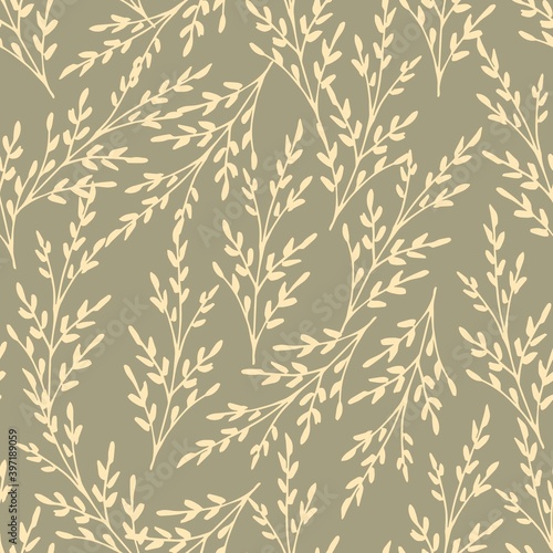 Delicate calm floral vector seamless pattern. Light thin branches on a gray-brown background. For prints of fabric, textile products, linen.