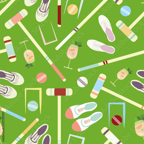 Croquet game seamless vector pattern background. Fun repeat of mallets, balls, shoes, hoops, drinks on lawn green backdrop. Colorful hand drawn design. All over print for summer garden party concept