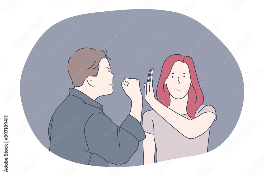 Fototapeta premium Misunderstanding, problems in communication, anger concept. Young man and woman arguing fighting and having problems with mutual understanding and quarrelling vector illustration 
