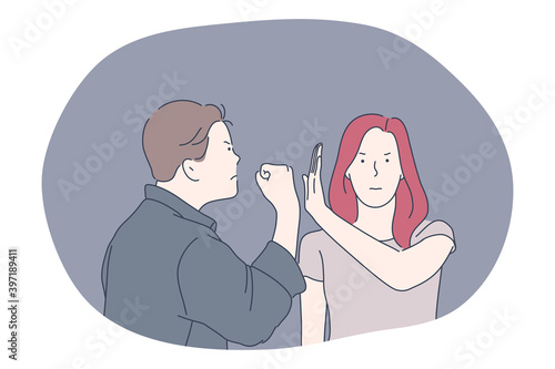 Misunderstanding, problems in communication, anger concept. Young man and woman arguing fighting and having problems with mutual understanding and quarrelling vector illustration 