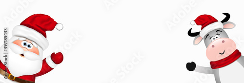 Christmas background. Funny Santa and bull in red hat.