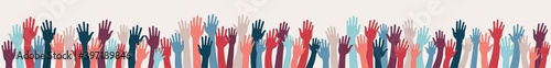 Group raised human arms and hands.Diversity multiethnic people.Racial equality.Men women children of diverse culture and countries.Multicultural community integration.Coexistence harmony