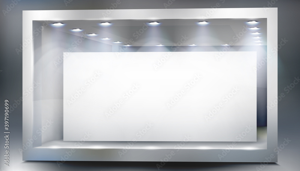 Big shop window in a shopping mall. Show room. Place for the exhibition or product display. Vector illustration. Big shop window in a shopping mall. Show room. Place for the exhibition or product display. Vector illustration.