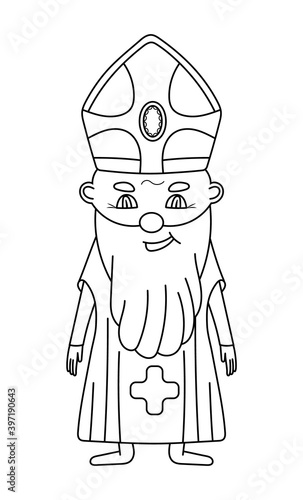 Bishop coloring page vector. Cute smiling priest in black line style. Easter coloring book