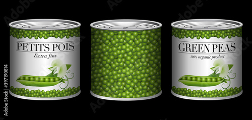 Bannière avec 3 boites de conserve de petits pois avec 3 étiquettes différentes - texte français et anglais - traduction petits pois, extra fins.