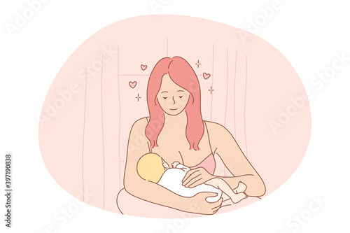 Motherhood, love of Mother, parenthood and childhood concept. Young positive woman mother cartoon character breast feeding her small little infant baby and feeling love and care vector illustration 
