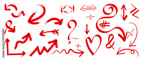Red arrows vector.  Doodle Marker hand drawn arrows and shapes vector illustration.