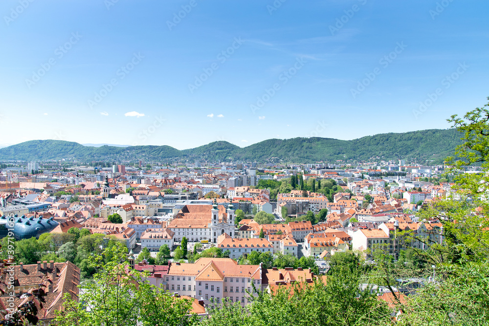Panorama of the old town of Graz, Styria, Austria. Beautiful old buildings and the Town Hall on the boulevard.