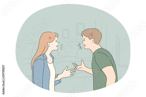 Scandal, quarrelling, fighting concept. Young angry couple standing and shouting at each other at home having problems with mutual understanding feeling aggressive illustration