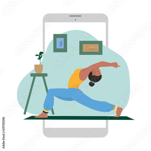 Yoga instructor online. Online yoga training. Yoga training app. Healthy lifestyle. Young woman practicing yoga. Modern vector flat illustration.
