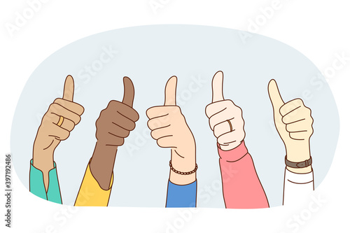 Thumbs up sign, Gesture hand language concept. Hands of mixed race people showing thumbs up luck positive sign with fingers. Teamwork, mutual support, unity, friendship illustration 