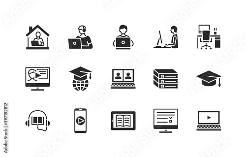Online education and remote work flat glyph icons set. Study and job from home