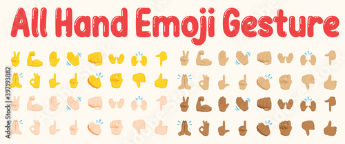 All hand emoji gesture. Hand emoticons vector illustration symbols set, collection. Hands, handshakes, muscle, finger, fist, direction, like, unlike, fingers.