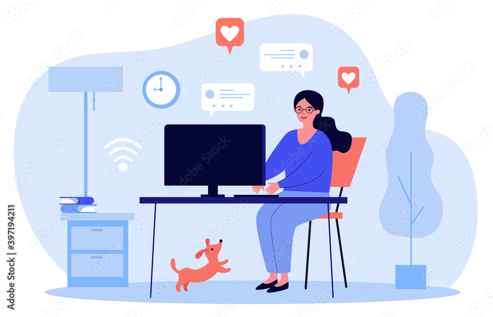 Woman using computer and chatting online at home. Blogger, pet, getting likes flat vector illustration. Social media, blog, communication concept for banner, website design or landing web page Woman using computer and chatting online at home. Blogger, pet, getting likes flat vector illustration. Social media, blog, communication concept for banner, website design or landing web page