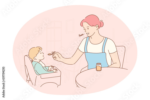 Motherhood, love of Mother, parenthood and childhood concept. Young positive woman mother cartoon character sitting feeding her small son with spoon at home vector illustration 