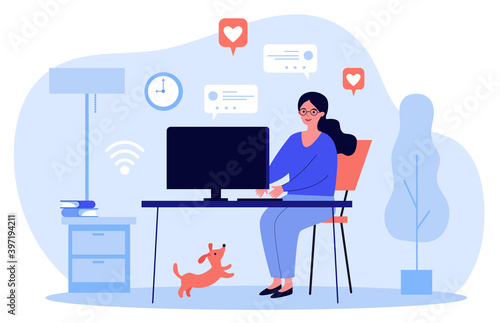 Woman using computer and chatting online at home. Blogger, pet, getting likes flat vector illustration. Social media, blog, communication concept for banner, website design or landing web page
