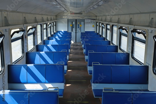 blue seats on the train