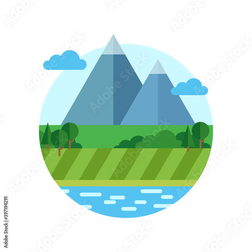 Summer or Spring Illustration of Landscape in Flat Style. Vector Background with Mountains, Trees and Sky