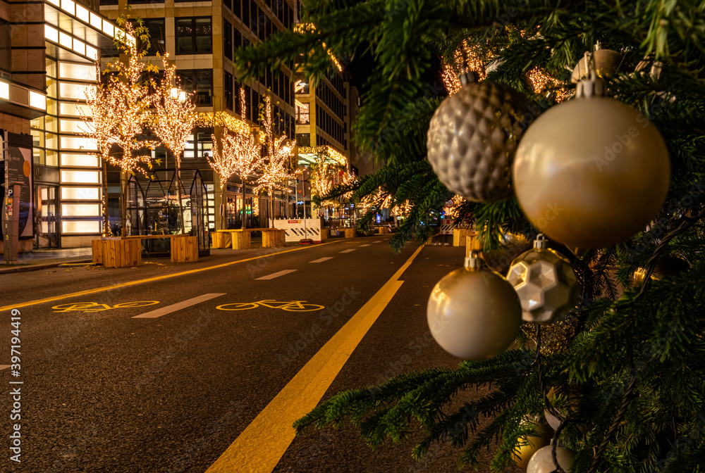 Berlin's famous Friedrichstrasse, decorated for Christmas - because of the Covid-19 pandemic, there are no people on the street