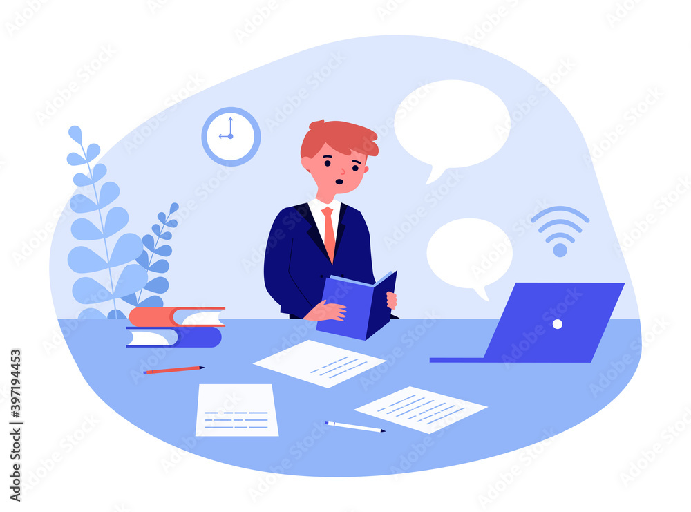 Student boy studying online. Pupil, book, computer, speech bubble flat vector illustration. Distant learning, home schooling concept for banner, website design or landing web page