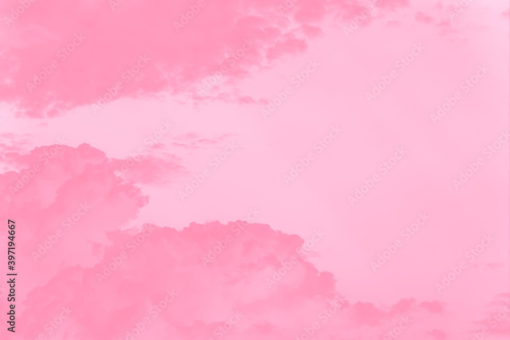 Pastel pink coral soft color sky background with clouds, copy space