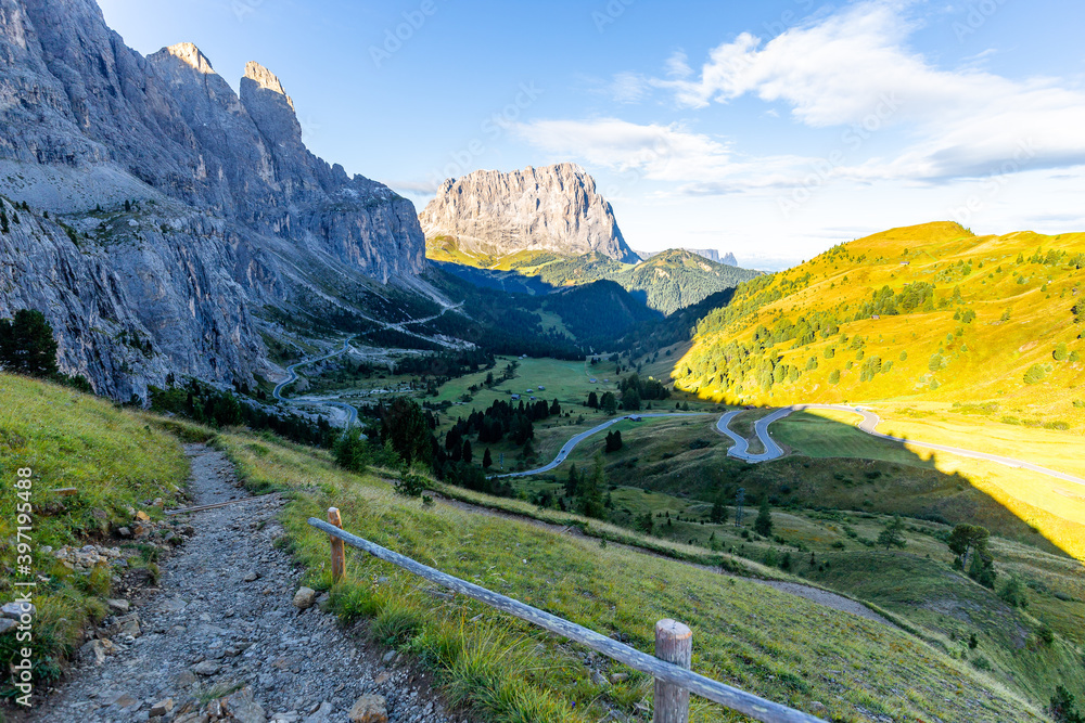 Passo Gardena road, mountain crag, South Tyrol, Italy.