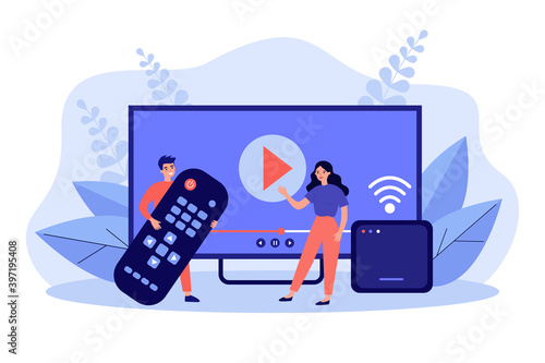 Happy people using remote control and smart tv box for watching video. Media player interface on huge monitor. Vector illustration for internet, entertainment, watching movie concept