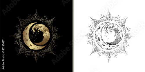 Crescent moon and waves in high tide, spiritual guidance tarot reader Colorful gradient design. illustration.